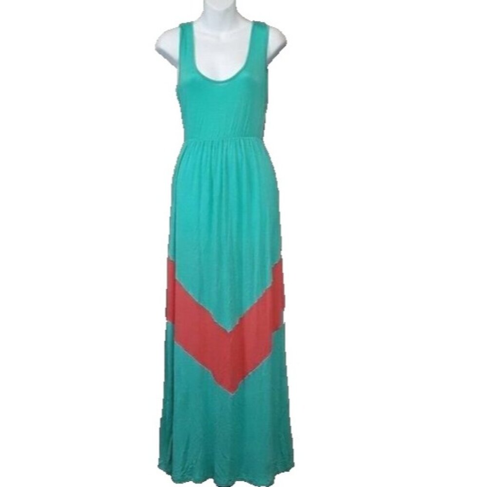 J Mode Womens BOHO Maxi Dress‎ Large Teal Pink Sleeveless Beachy Casual